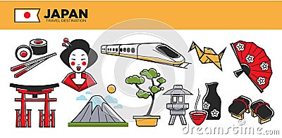 Japan travel destination promotional poster with cultural symbols Vector Illustration