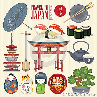 Japan travel poster - travel to Japan. Set of asian icons Vector Illustration