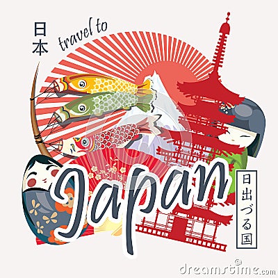 Japan travel poster in vintage style - travel to Japan. Vector Illustration