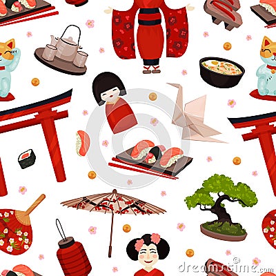 Japan Travel Seamless Pattern Design with Traditional Symbols Vector Template Vector Illustration