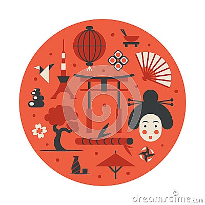 Japan, vector flat illustration, icon set Vector Illustration