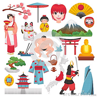 Japan vector japanese culture and geisha in kimono with blossom sakura in tokyo illustration set of Japanization symbols Vector Illustration