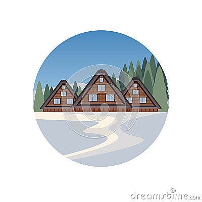 Japan World Heritage Village in Winter and Snow Vector Illustration