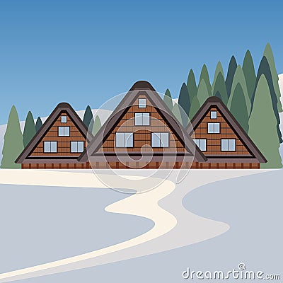 Japan World Heritage Village in Winter and Snow Full Vector Illustration