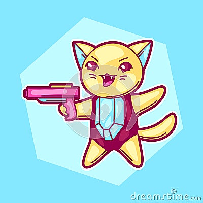 Japanese anime cosplay cat. Cute kawaii character with gun Vector Illustration