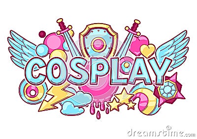 Japanese anime cosplay print. Cute kawaii characters and items Vector Illustration