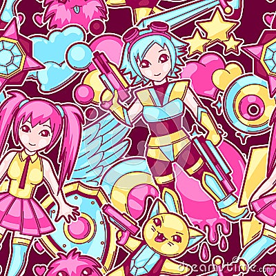 Japanese anime cosplay seamless pattern. Cute kawaii characters and items Vector Illustration