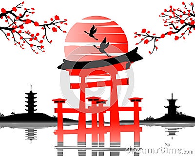 Japanese art with ancient design of Torii gate and the beautiful nature of Japan Vector Illustration