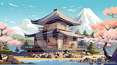 Japanese art illustration of a traditional ancient house. Multicolored design. Generative AI. Cartoon Illustration
