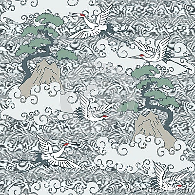 Japanese art inspired seamless pattern with birds and waves Vector Illustration