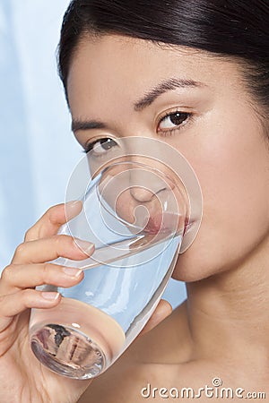 Japanese Asian Woman Drinking Glass of Water Stock Photo