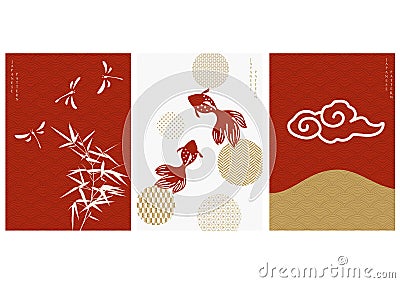 Japanese background with Asian icons and symbol vector. Dragonfly, bamboo, goldfish elements in oriental style Vector Illustration