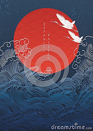 Japanese background with crane birds decoration vector. Hand drawn wave with red circle shape elements in oriental style Vector Illustration