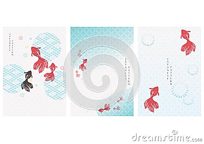 Japanese background with gold fish vector. Asian pattern with icon elements. Water and river template in vintage style. Vector Illustration