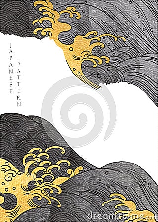 Japanese background with gold texture vector. Hand drawn wave with black elements in vintage style Vector Illustration