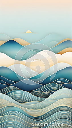 Japanese background with line wave pattern illustration . Abstract art banner with geometric pattern Cartoon Illustration