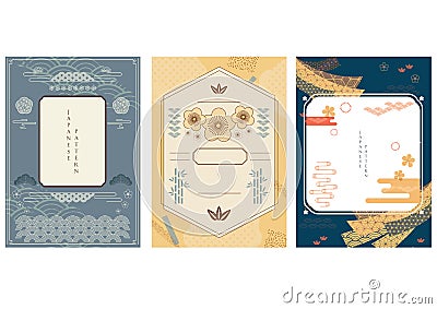 Japanese background and template vector. Asian traditional icons. Cherry blossom flower, bonsai, bamboo, cloud and geometric eleme Vector Illustration