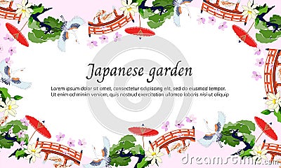 Japanese banner with a pattern of national symbols. Vector illustration in a flat style, frame for text, presentation, poster and Vector Illustration