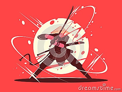 Japanese battle samurai with katana Cartoon Illustration