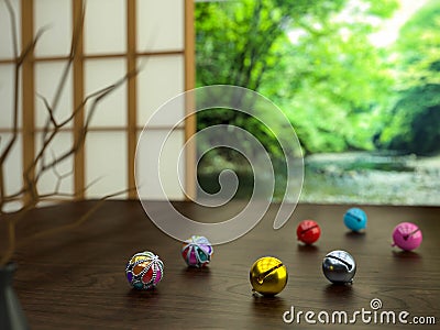 Japanese bells on the table. suzu on the table.Japanese style room. 3d illustration Cartoon Illustration