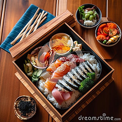 Japanese Bento Box with Sushi and Pickled Vegetables on Bamboo Surface Stock Photo