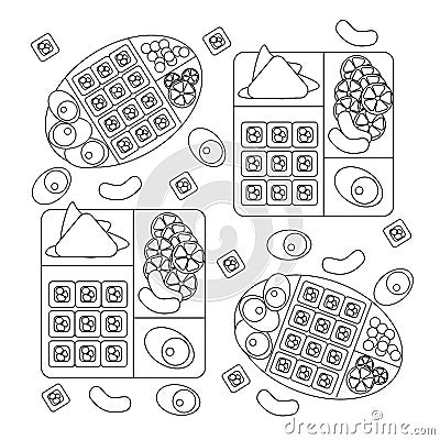 Japanese bento, isolated vector illustration. Snacks in plastic containers with italian, asian, vegetarian food. Kids Vector Illustration