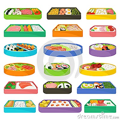 Japanese bento lunch boxes set. Box of rice, meat, fish, vegetables and egg cartoon vector Vector Illustration