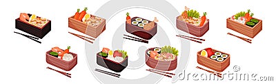 Japanese Bento Wooden Lunch Boxes and Chopsticks Vector Set Vector Illustration