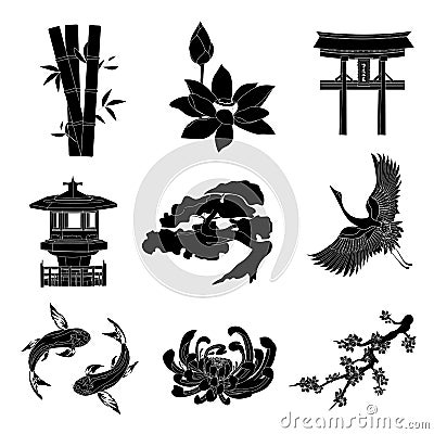 Japanese black icons cutted on white. Set of black and white illustrations of silhouettes of national symbol Vector Illustration