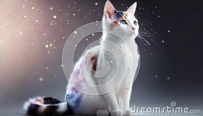 Japanese Bobtail Cat Medium Shot White Pink Blue Magical Fantasy Bokeh. Generative AI Stock Photo