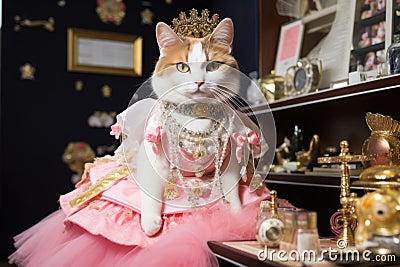 Japanese Bobtail Cat Dressed As A Princess At Work Stock Photo