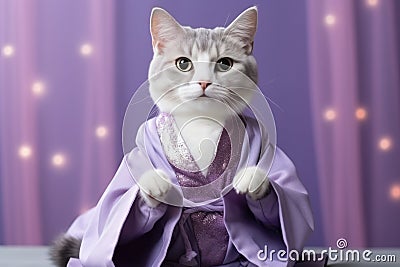 Japanese Bobtail Cat Dressed As A Wizard On Lavender Color Background Stock Photo