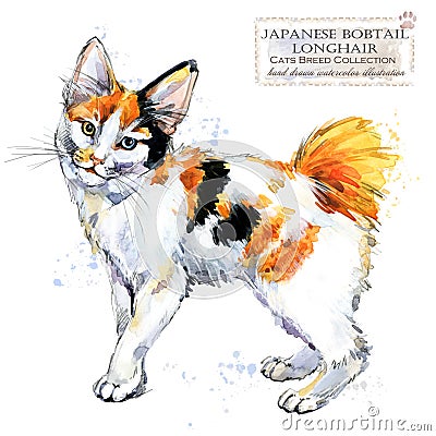 Japanese Bobtail Longhair cat. watercolor home pet illustration. Cats breeds series. Cartoon Illustration