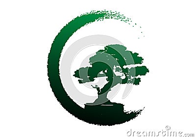 Japanese bonsai tree logo, plant silhouette icons on white background, green silhouette of bonsai. Detailed image. Vector isolated Vector Illustration