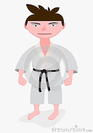 Japanese boy in kimono practicing karate. Colorful humorous person in cartoon style. Vector Illustration