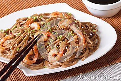 Japanese buckwheat soba noodles with shrimp horizontal Stock Photo
