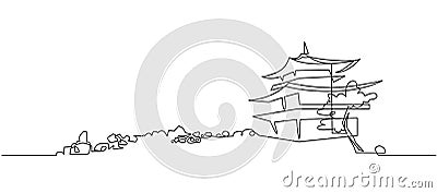 Japanese Buddhist temple continuous one line vector drawing Vector Illustration