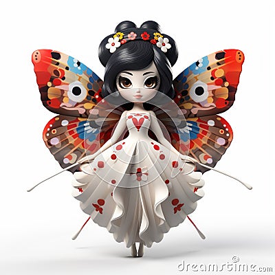 Japanese Cartoon Girl With Butterfly: 3d Render Plastic Kimono Character Stock Photo