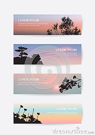 Japanese castle landscape sunset sky banner, pine tree and sakura silhouette bookmark. Vector Illustration