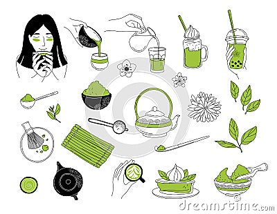 Japanese ceremony with Matcha. Eastern woman Hands holding drinking tea Vector Illustration