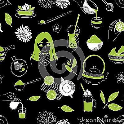 Japanese ceremony with Matcha. Eastern woman Hands holding drinking tea Vector Illustration