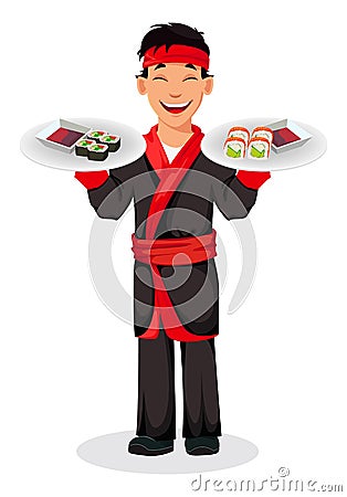 Japanese chef cooking sushi rolls Vector Illustration