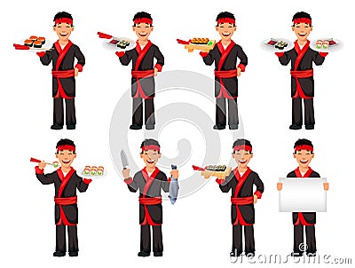 Japanese chef cooking sushi rolls Vector Illustration