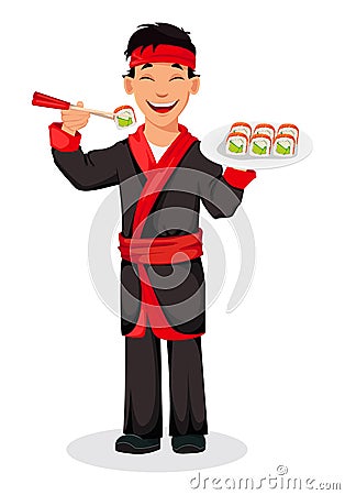 Japanese chef cooking sushi rolls Vector Illustration