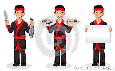 Japanese chef cooking sushi rolls Vector Illustration