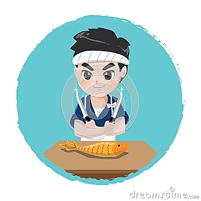 Japanese chef with knife and fish. Vector Illustration