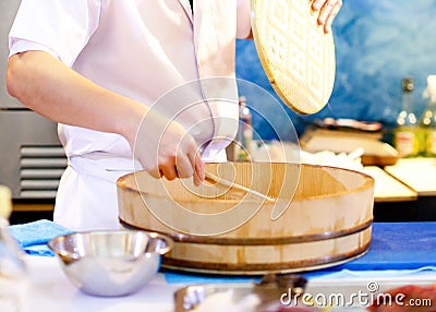 Japanese Chef prepare cooking Sushi Rice Stock Photo