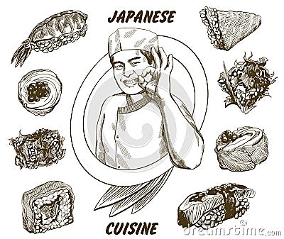 Japanese chef with sushi set Vector Illustration