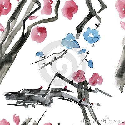 Japanese cherry blossom, sakura tree seamless watercolor pattern. Stock Photo