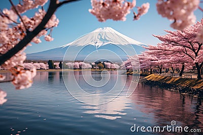 Japanese cherry blossoms frame Mt Fuji at Kawaguchiko lake Stock Photo